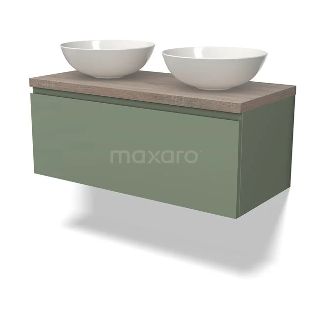 Modulo Plato Badmöbel mit Aufsatzwaschbecken | 100 cm Salbeigrün Grifflos front Eiche blatt 1 Schublade BMK11-02209 Grünes Badmöbel mit Holzlook Platte und zwei weißen Aufsatzwaschbecken, stilvolle Wandmontage für ein modernes Badezimmer.