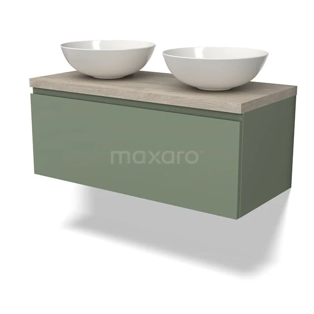 Grünes hängendes Badezimmermöbel mit Holzlook Platte und zwei weißen Aufsatzwaschbecken, modernes Design für stilvolle Badezimmerinterieurs.