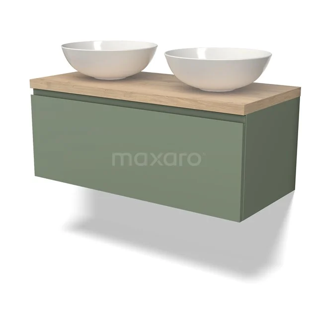 Modulo Plato Vanity units for countertop basin | 100 cm Sage green Handle-less front Light brown oak worktop 1 drawer BMK11-02211