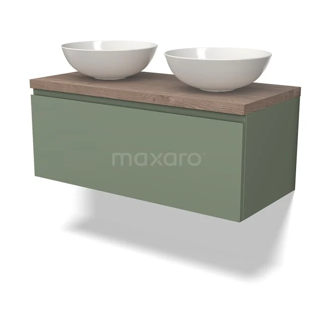 Grünes Badmöbel mit Holzlook Platte und doppelten Aufsatzwaschbecken, modernes Design für stilvolle Bäder.