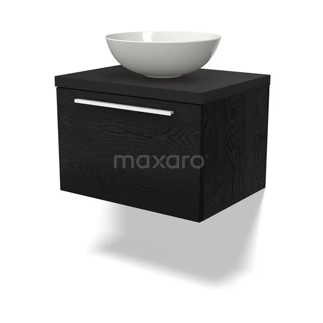 Zwevende schwarze Holz-Badmöbel mit Schublade, weißem runden Aufsatzwaschbecken und metallischem Haltegriff, modernes Design.