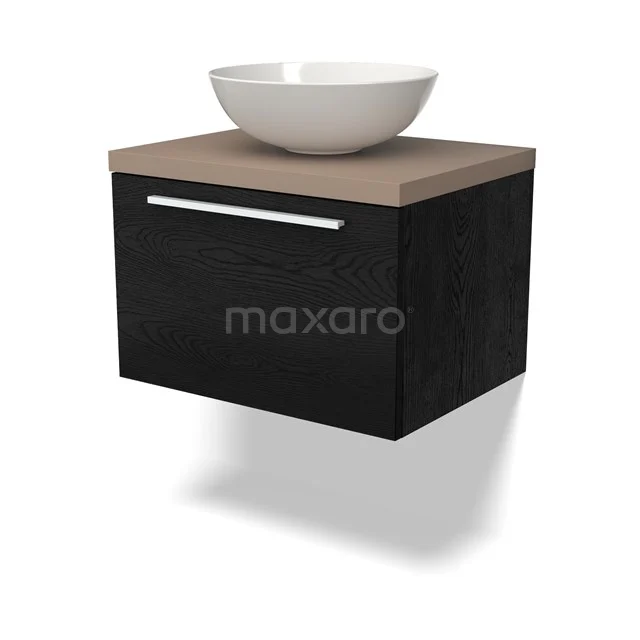 Schwarzes Holz Badezimmermöbel mit Eichen Platte und weißem rundes Waschbecken, modernes Design für ein stilvolles Badezimmer.