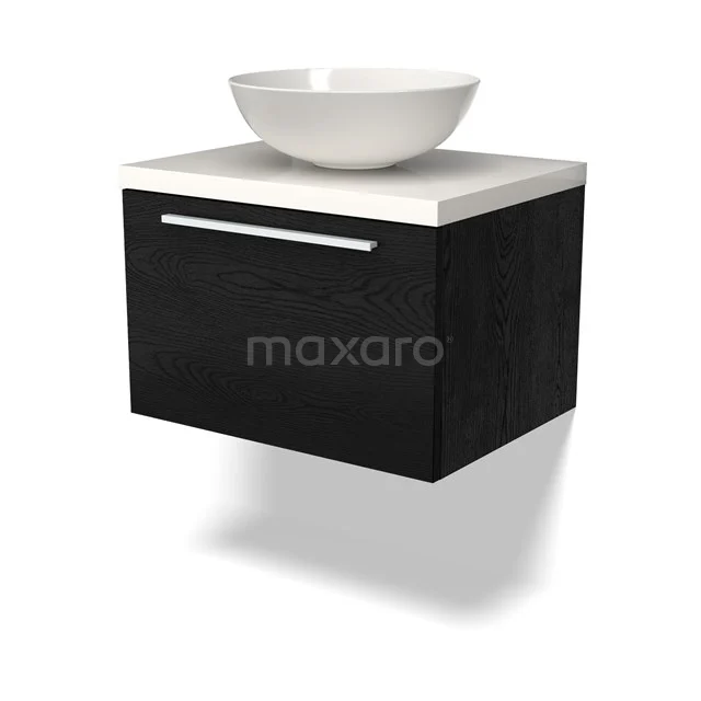 Schwarzes hängendes Badmöbel mit weißem Aufsatzwaschbecken, modernes Design aus Holz mit metallischem Griff, geeignet für verschiedene Badezimmerstile.