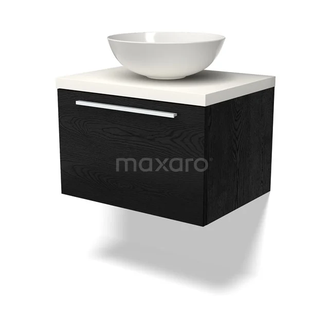 Schwarz schwebendes Badmöbel mit weißem Aufsatzwaschbecken, modernes Design, mit einer klaren Schublade und Hochglanzoberfläche.