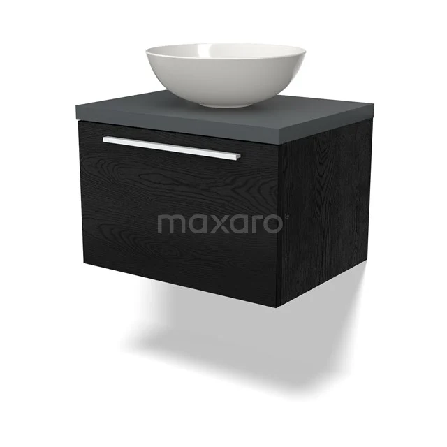 Schwarzes hängendes Badmöbel mit keramischem Aufsatzwaschbecken, modernes Design und klare Verarbeitung, ideal für ein zeitgemäßes Badezimmer.