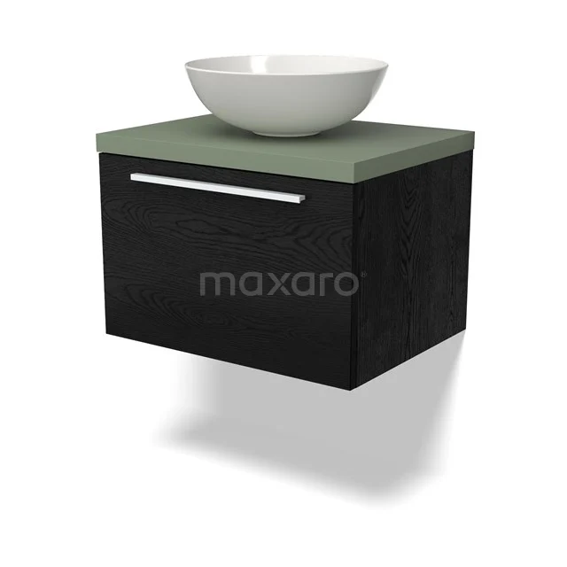 Schwarzer hängender Badschrank mit grüner Waschtischplatte und weißem runden Aufsatzwaschbecken, elegantes Design für moderne Bäder.