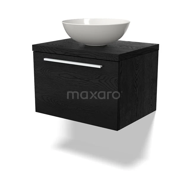 Waschtischunterschrank mit Konsole BMK11-02242 Schwarzes Holz Badezimmermöbel mit weißem rundem Aufsatzwaschbecken, hängendes Design und griffloser Schublade, ideal für ein modernes Badezimmer.