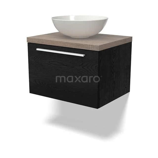 Schwarzes schwebendes Badezimmermöbel mit Holzoptik Platte und rundem weißen Aufsatzwaschbecken, modernes Design.