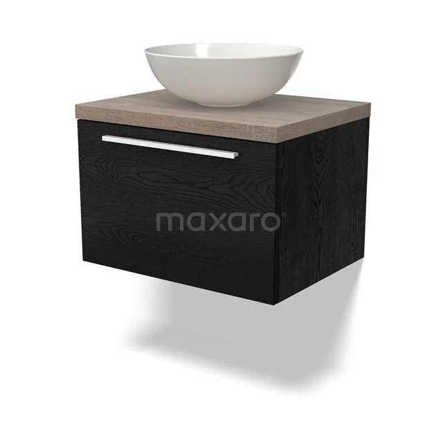 Waschtischunterschrank mit Konsole BMK11-02243 Schwarzes schwebendes Badezimmermöbel mit Holzoptik Platte und rundem weißen Aufsatzwaschbecken, modernes Design.