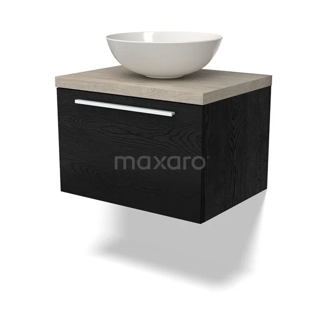 Schwarzer Badschrank mit Holzlook Platte und weißem keramischen Waschbecken, wandmontiert und modernes Design.