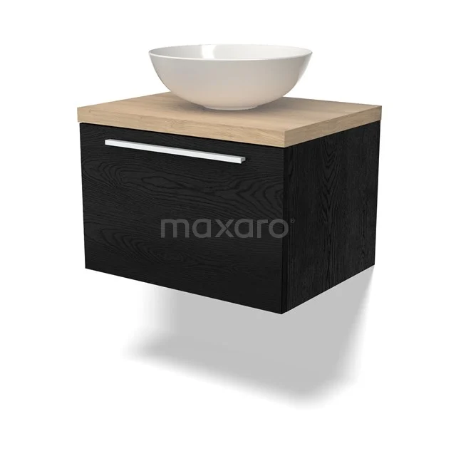 Zweites Schwarz Badezimmermöbel mit Holzlook Platte und weißem Aufsatzwaschbecken, modernes Design.