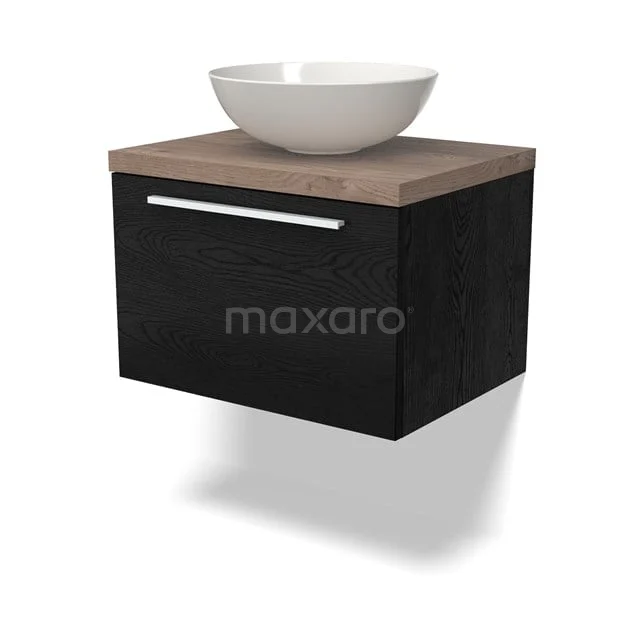 Zweites Waschbeckenmöbel Schwarz Holz mit keramischem Aufsatzwaschbecken, modernes Badezimmerdesign.