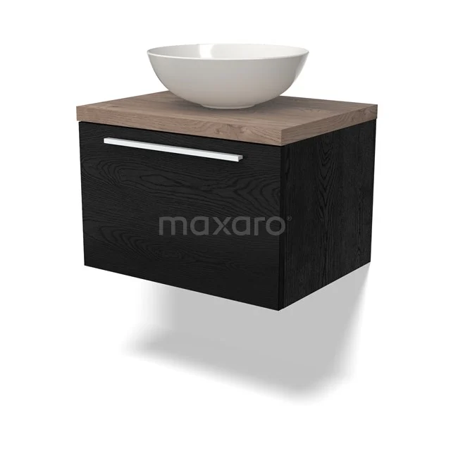 Waschtischunterschrank mit Konsole BMK11-02246 Zweites Waschbeckenmöbel Schwarz Holz mit keramischem Aufsatzwaschbecken, modernes Badezimmerdesign.