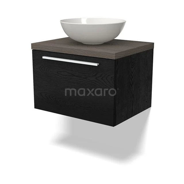 Schwarzer schwebender Waschbeckenunterschrank mit Holzlook Platte und weißem runden Aufsatzwaschbecken, ideal für eine moderne Badezimmer Einrichtung.