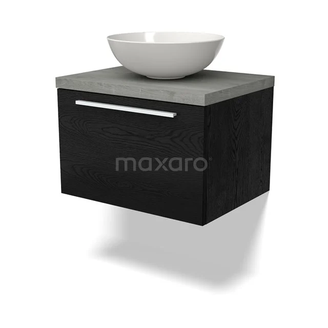 Waschtischunterschrank mit Konsole BMK11-02248 Schwarzes Holz-Badmöbel mit Betonplatte und weißem rundem Aufsatzwaschbecken, modernes Design, ideal für stilvolle Bäder.