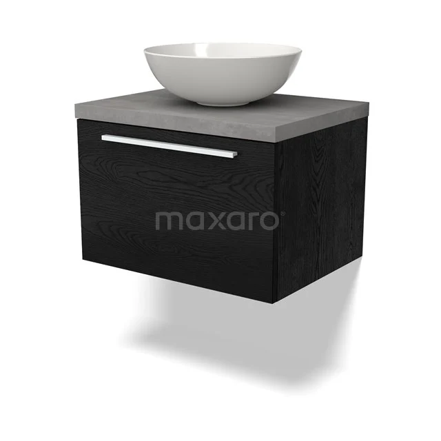 Modulo Plato Badmöbel mit Aufsatzwaschbecken | 60 cm Schwarze Eiche Flach front Hellgrauer Beton blatt 1 Schublade BMK11-02249 Zwevende Badmöbel Schwarz Holz mit Beton Waschtischplatte und runder Kom, modern und kompakt Design.