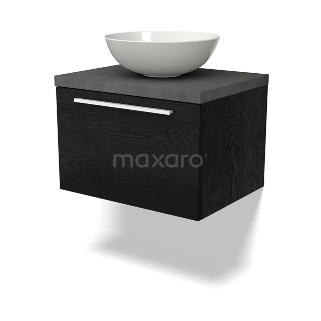 Schwarzes Holz Badezimmermöbel mit modernem Aufsatzwaschbecken, kompakt design und stilvollem Metallgriff.