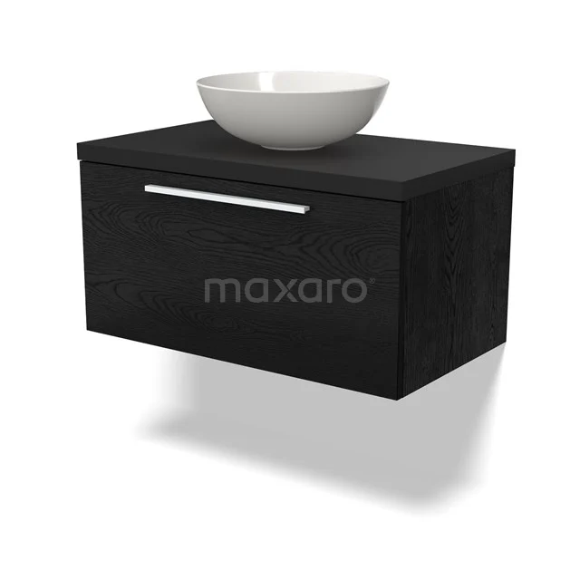 Schwarzes hängendes Waschtischmöbel mit glänzender Waschbecken, schickem Design und platzsparender Lösung für moderne Bäder.