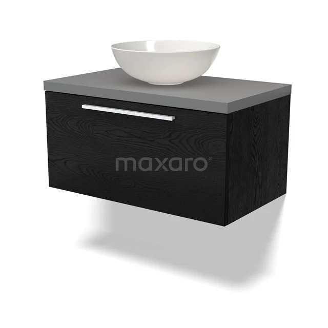 Modulo Plato Badmöbel mit Aufsatzwaschbecken | 80 cm Schwarze Eiche Flach front Mittelgrau blatt 1 Schublade BMK11-02253 Schwarzes Holz-Waschtisch mit grauer Oberfläche, modernes Design, weißes rundes Aufsatzwaschbecken oben, ideal für luxuriöse Bäder.