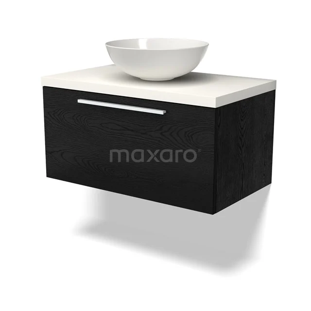 Waschtischunterschrank mit Konsole BMK11-02255 Schwarzes schwebendes Badezimmermöbel mit matter Oberfläche, gläsernem Aufsatzwaschbecken und metallischem Haltegriff, stilvoll und modern.