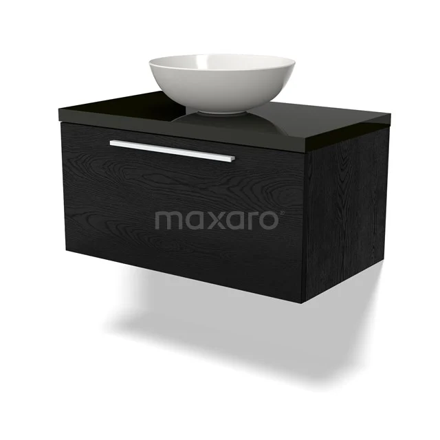 Schwarzer schwebender Badschrank mit Hochglanzoberfläche, metallischem Haltegriff und weißem keramischen Aufsatzwaschbecken oben.