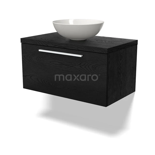 Schwarzes Holz-Badmöbel mit Schublade, weißem keramischen Aufsatzwaschbecken und geradem Metallgriff, ideal für moderne Bäder.