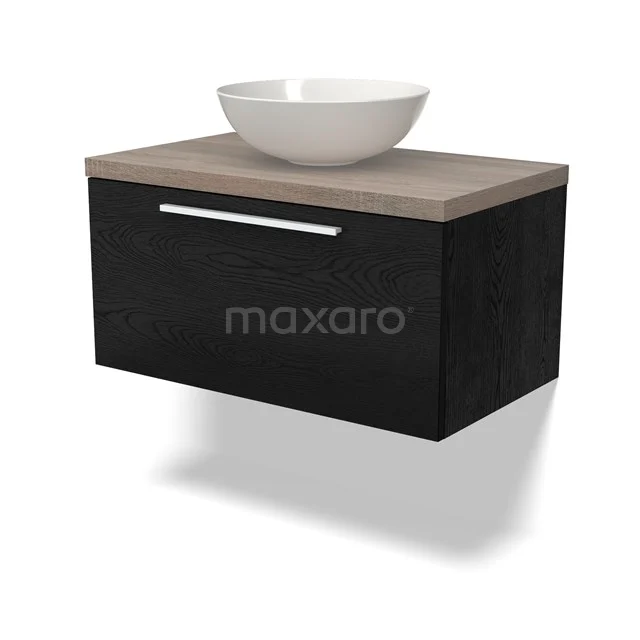 Modulo Plato Badmöbel mit Aufsatzwaschbecken | 80 cm Schwarze Eiche Flach front Eiche blatt 1 Schublade BMK11-02260 Zwevend Schwarz Waschtisch mit Eichenplatte und weißer Schüssel, modernes Design für ein stilvolles Badezimmer.