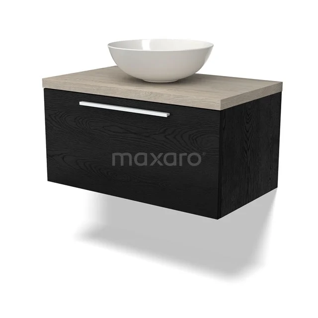 Zwevend Schwarz Badmöbel mit Holzlook Platte und weißen keramischen Aufsatzwaschbecken, moderne minimalistische Stil.