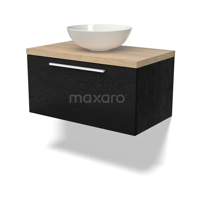 Schwarzer hängender Badschrank mit Holzplatte und weißem Aufsatzwaschbecken; modernes Badmöbel aus Holz, ideal für kompakte Räume.