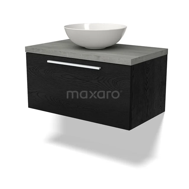 Schwarzes Holz-Badezimmermöbel mit Betonlook-Platte und weißem Aufsatzwaschbecken, schlichtes Design ideal für moderne Bäder.