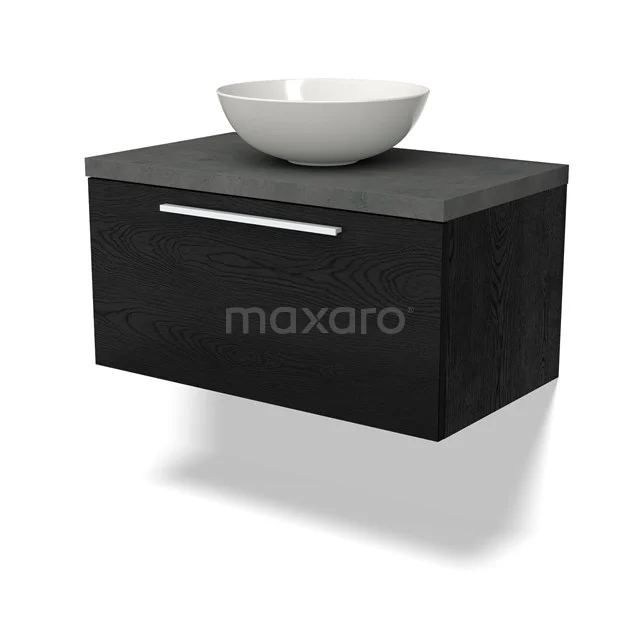 Schwarzes hängendes Badezimmermöbel mit Holzoptik, schlichte Schublade und weißem Aufsatzwaschbecken, ideal für einen modernen Badezimmerstil.