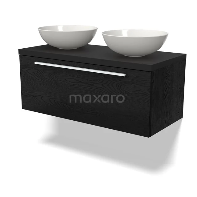 Zwevend Schwarz Badezimmermöbel aus Holz mit Schublade und zwei weißen Aufsatzwaschbecken, modernes Design für ein stilvolles Badezimmer.