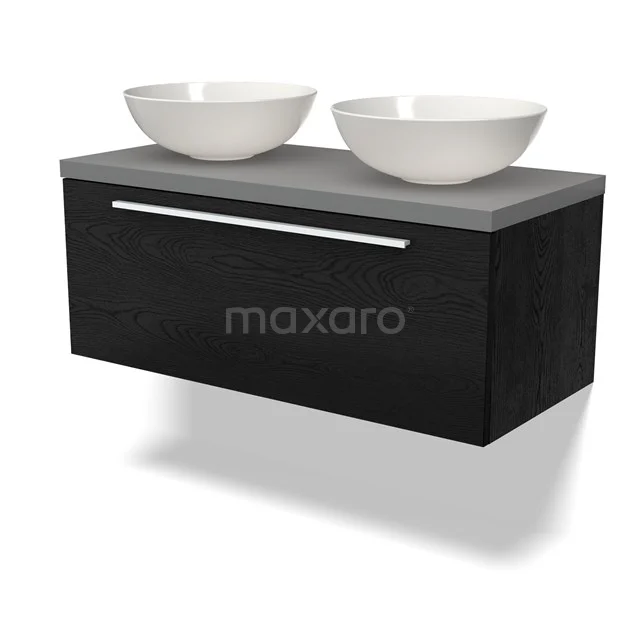 Schwarzes schwebendes Badmöbelset mit grauer Platte und doppelten weißen Aufsatzwaschbecken, modernes Design, ideal für stilvolle Bäder.