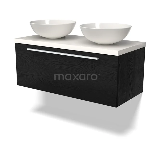 Schwarzer Holz-Waschbeckenunterschrank mit zwei weißen schalenförmigen Waschbecken, modernes Design für ein stilvolles Badezimmer.