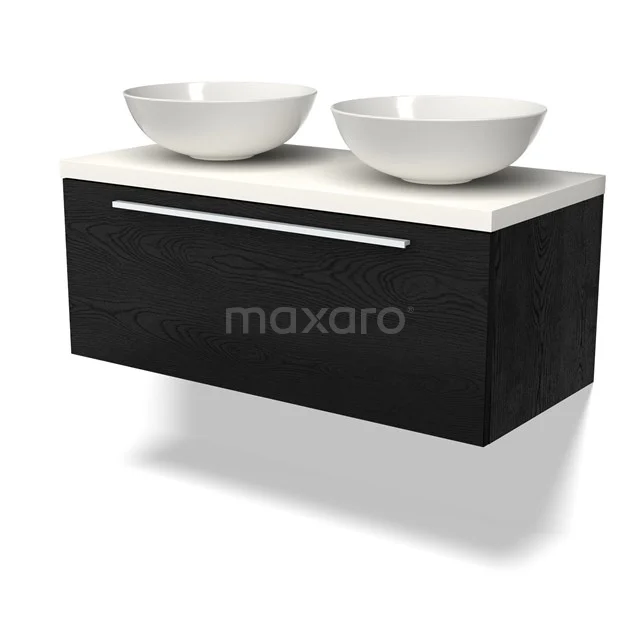 Modulo Plato Badmöbel mit Aufsatzwaschbecken | 100 cm Schwarze Eiche Flach front Matt Weiß blatt 1 Schublade BMK11-02272 Schwarzes Holz Badezimmermöbel mit weißen doppelten Aufsatzwaschbecken, chromfarbener Haltegriff und modernem Erscheinungsbild.