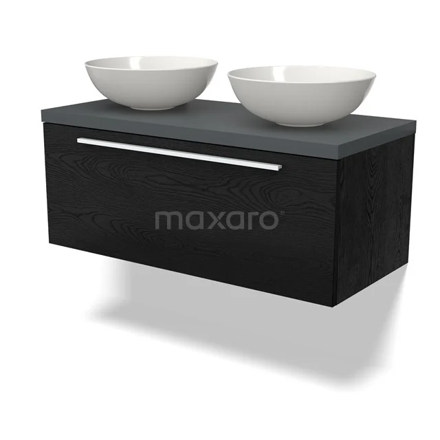 Schwarzes Holz Badezimmermöbel mit zwei keramischen Aufsatzwaschbecken, schlichtes Design und chromfarbener Haltegriff.