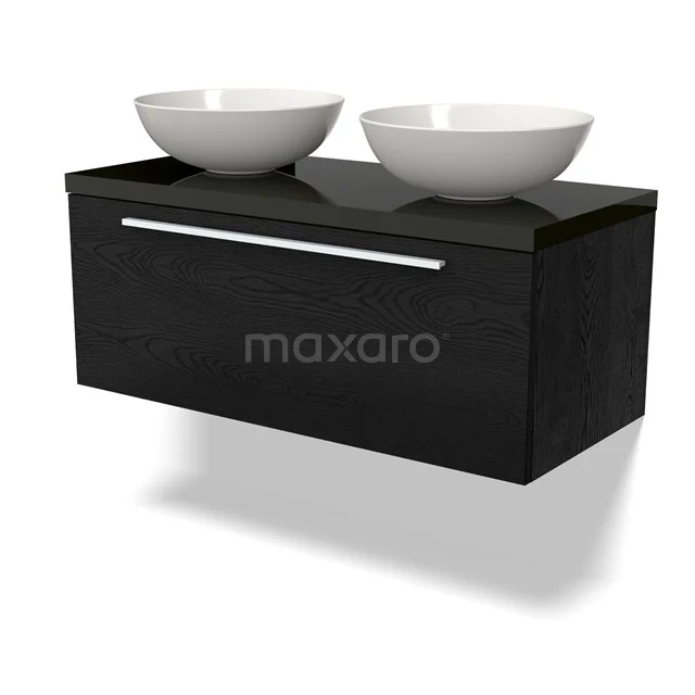 Waschtischunterschrank mit Konsole BMK11-02274 Schwarzes Holz Badezimmermöbel mit zwei weißen runden Aufsatzwaschbecken und einer breiten Schublade mit chromfarbigem Haltegriff.