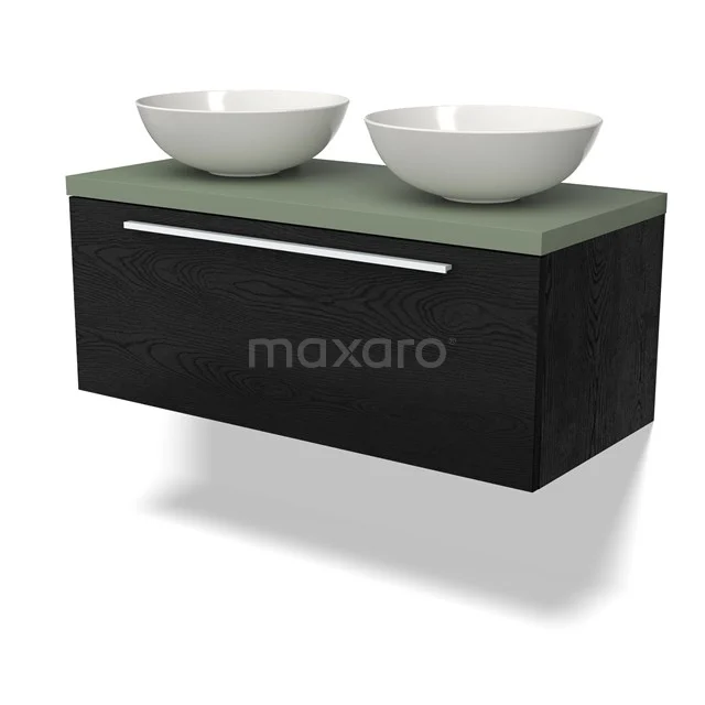 Zweifach Holzfurnier Badmöbel mit Schwarz Schrank, grünes Waschbecken und zwei weißen Aufsatzwaschbecken, modernes und stilvolles Design.