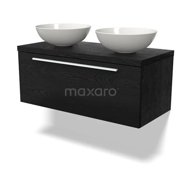 Schwarzes hängendes Badmöbelset mit zwei weißen ovalen Aufsatzwaschbecken, modernes Design und gerade Linien, ideal für ein stilvolles Badezimmer.