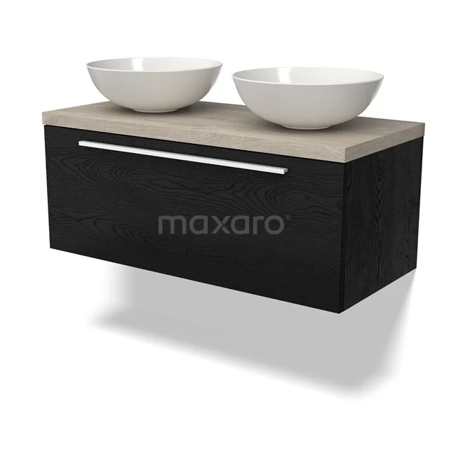 Waschtischunterschrank mit Konsole BMK11-02278 Zweites Schwarz Badezimmermöbel mit Holzlook Platte, doppelte weiße Aufsatzwaschbecken und chromfarbener Haltegriff; modernes Design.