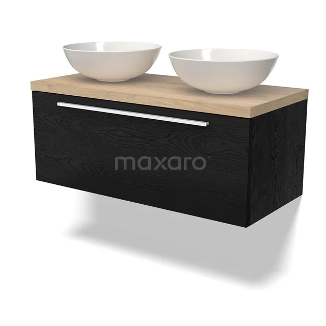 Modulo Plato Badmöbel mit Aufsatzwaschbecken | 100 cm Schwarze Eiche Flach front Hellbraune Eiche blatt 1 Schublade BMK11-02279 Schwarzes schwebendes Badezimmermöbel mit Eichenplatte, doppelten weißen Aufsatzwaschbecken und metallischem Haltegriff; modernes und stilvolles Design.