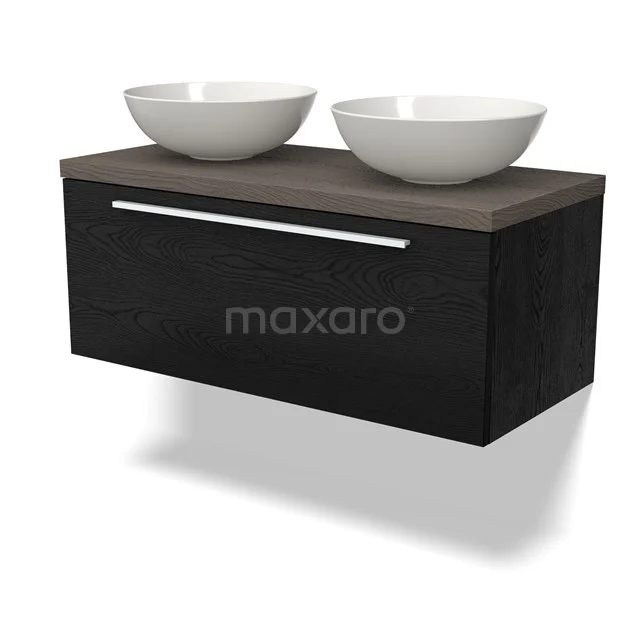 Zwevend schwarze Eiche Badmöbel mit doppelten Aufsatzwaschbecken, Holzlook Platte und silbernem Griff, ideale stilvolle Badezimmerlösung.