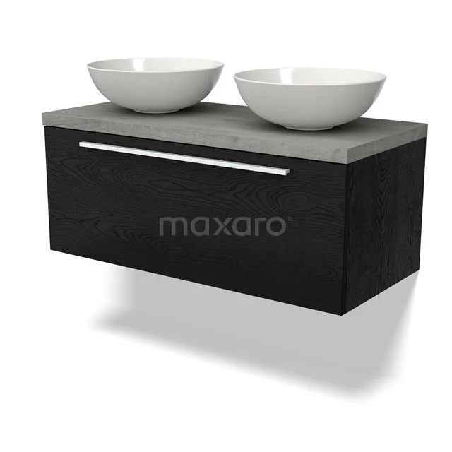 Zwevende schwarze Badmöbelset mit Betonlook Platte und zwei weißen Aufsatzwaschbecken, modernes Design mit klaren Linien.