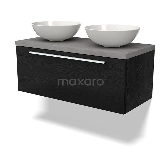 Schwarzes hängendes Badmöbelset mit grauem Betonlook Waschbecken und zwei weißen Aufsatzwaschbecken, schnittiges und modernes Design.