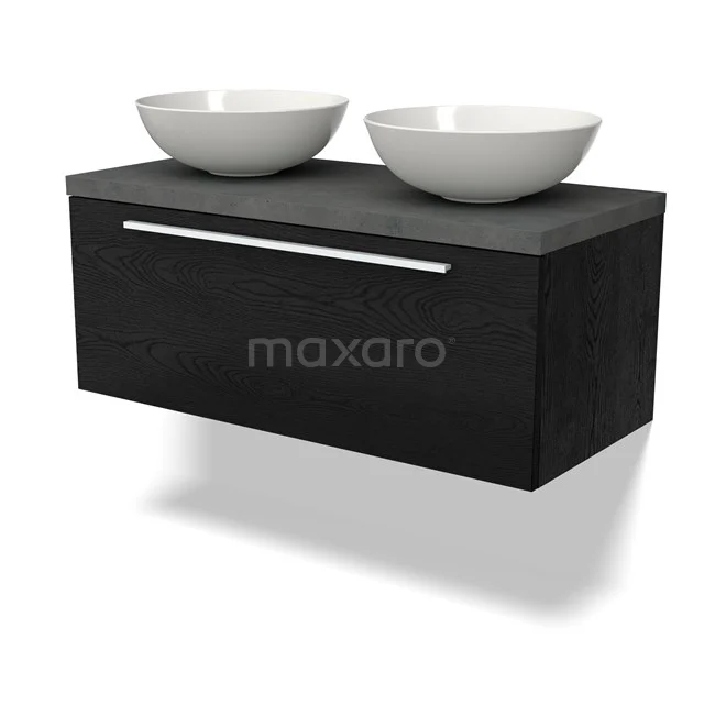 Schwarzer hängender Waschbeckenunterschrank mit zwei weißen Aufsatzwaschbecken, modernes Badmöbel in Holzoptik.