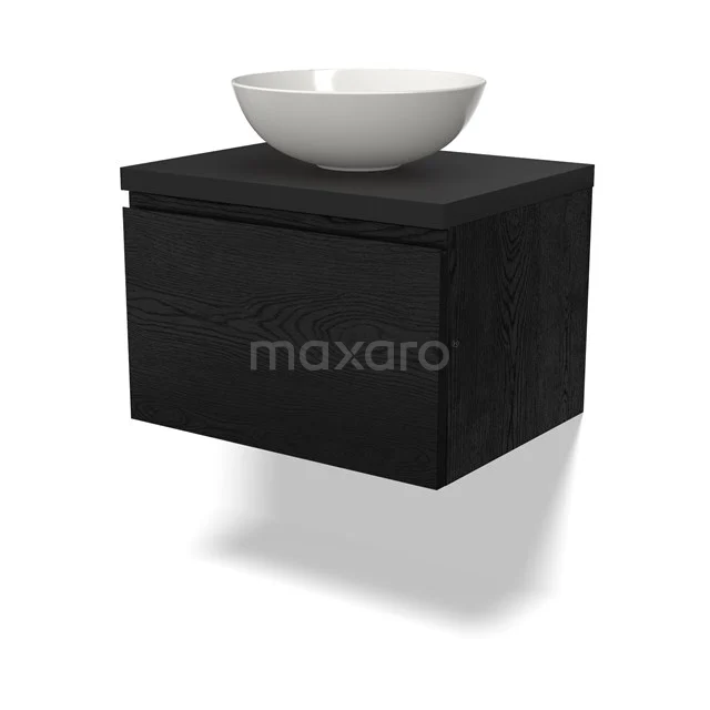 Schwarzes hängendes Badezimmermöbel mit einem weißen runden Aufsatzwaschbecken, modernes Design, ideal für ein stilvolles und kompaktes Badezimmer.