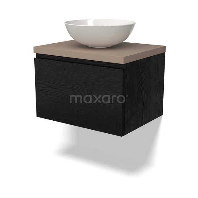 Zwevende schwarze Badmöbel mit Holzplatte und weißem Aufsatzwaschbecken, modernes Design für stilvolle Badezimmergestaltung.