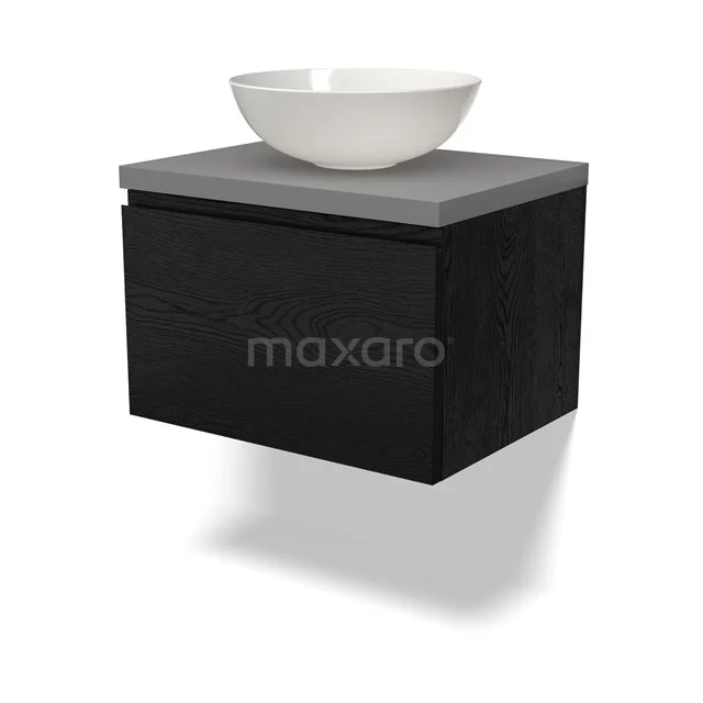 Zwarte hangende badkamermeubel met grijze bovenblad en witte ronde waskom, modern design van hout.