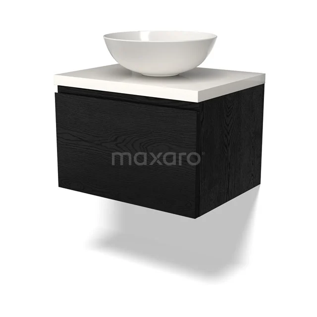 Schwarzes hängendes Badmöbel mit weißem Aufsatzwaschbecken, strakes Design und Holzverarbeitung für moderne Badezimmergestaltung.