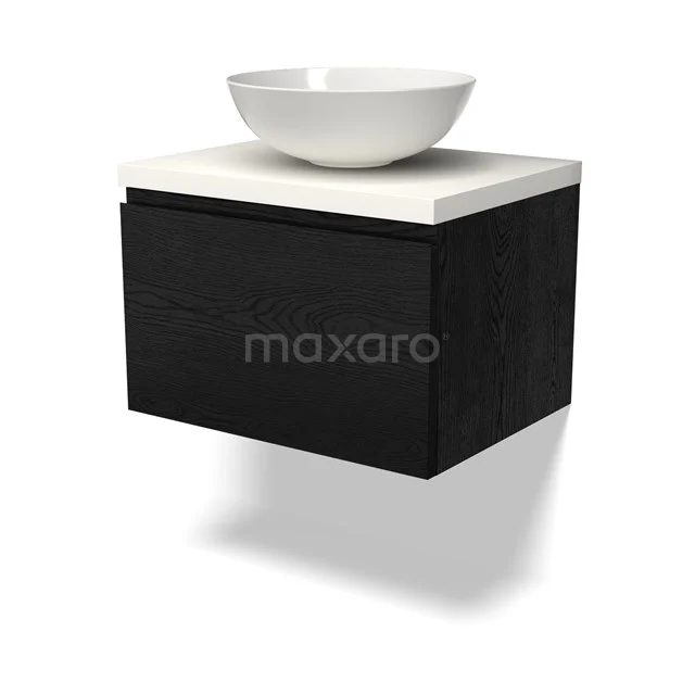 Schwarzes Holz schwebendes Badezimmermöbel mit weißem Aufsatzwaschbecken, modernes Design, ideal für stilvolle Badezimmergestaltung.